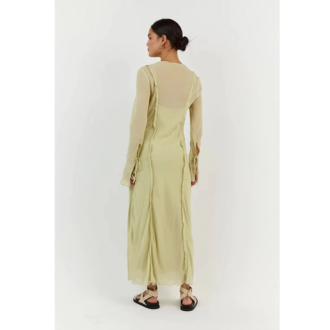 Damen Sexy V-Ausschnitt Durchsichtig Chiffon Maxikleid Langarm Rüschen Lose Passform Strand Urlaub Party Kleid