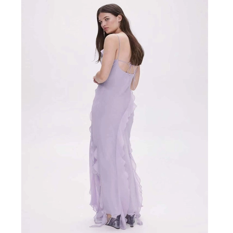 Elegantes Lavendel Chiffon Cami Maxi Kleid Rüschensaum Hoher Schlitz Rückenfrei Sexy Party Abend Formelles Hochzeitsgast Langes Kleid