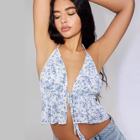 Damen Sexy Neckholder Top Mit Bindedetail Blumendruck Tiefer V-Ausschnitt Ärmellos Rückenfrei Rüschensaum Crop Top
