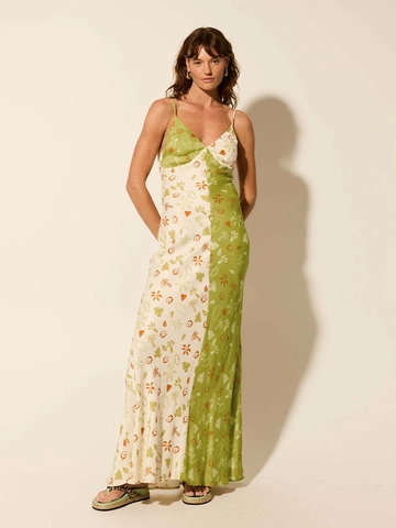 Dames Sexy Contrastkleur Tropische Bloemenprint Cami Jurk V-hals Rugloos Split Kleur Maxi Jurk Zomervakantie Jurk