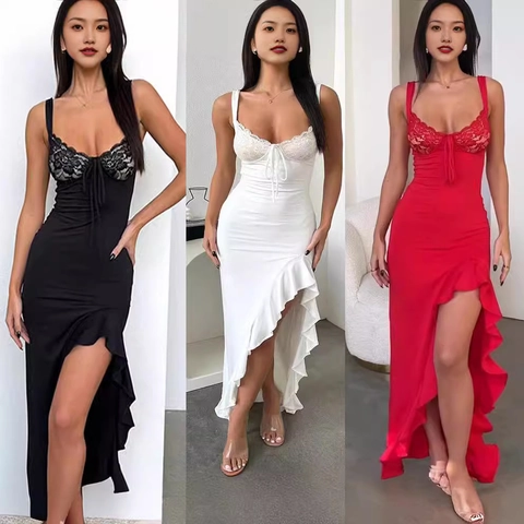 Σέξι Lace Patchwork Bodycon Camisole Maxi Φόρεμα Για Γυναίκες Βολάν Τελείωμα Ψηλό Σκίσιμο Κορδόνι Slim Fit Μακρύ Φόρεμα Διακοπών