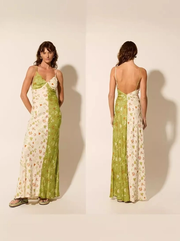Dames Sexy Contrastkleur Tropische Bloemenprint Cami Jurk V-hals Rugloos Split Kleur Maxi Jurk Zomervakantie Jurk