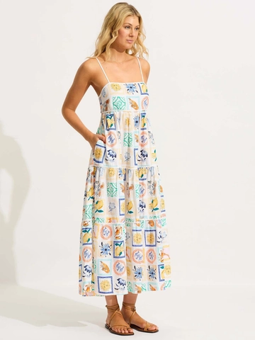 Damen Sexy Schulterfrei Rückenfrei Schnürung Stufenrock Maxi Kleid Mediterran Zitrone Frucht Print Sommer Urlaub Langes Kleid