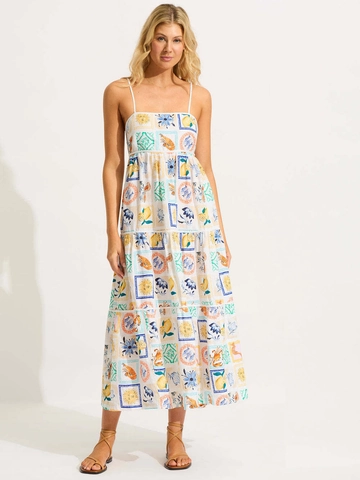 Damen Sexy Schulterfrei Rückenfrei Schnürung Stufenrock Maxi Kleid Mediterran Zitrone Frucht Print Sommer Urlaub Langes Kleid