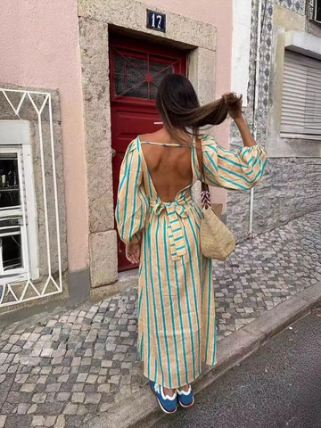 Women Sexy Backless Striped Maxi Dress High Waist Pleated Lantern Sleeve Polyester Lace Up Street Vacation Long Dress