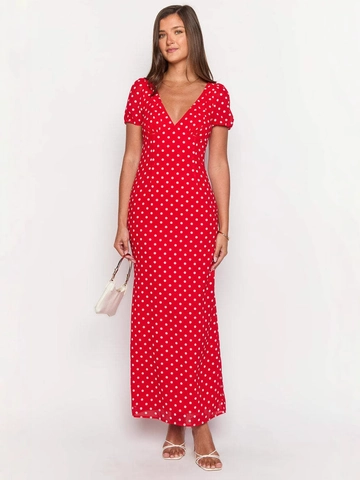 Damen Vintage V-Ausschnitt Polka Dot Hohe Taille Maxikleid Elegant Puffärmel Schnürung Slim Fit A-Linie Partykleid Rot Weiß
