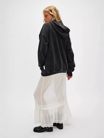 Women Oversized Washed Black Hoodie Sweatshirt Flame Heart Embroidered Retro Pullover Long Sleeve Casual Streetwear Top