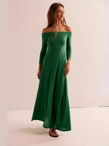 Damen Schulterfreies Langarm Maxikleid Slim Fit Einfarbig Elegant A-Linie Abendparty Frühling Sommer Sexy Langes Kleid