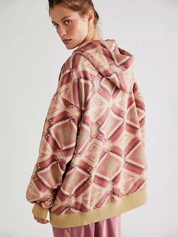 Felpa con Cappuccio da Donna con Stampa Geometrica Retrò Oversize a Maniche Lunghe Scollo a V Pullover Allentato Autunno Casual Streetwear Top