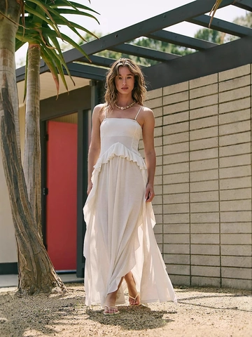 Women's Sexy Bohemian Spaghetti Strap Maxi Dress Ruffle High Waist Slit Smocked Solid Color Beach Vacation Party Dress