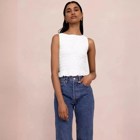 Women's Sexy Smocked Sleeveless Top High Elastic Ruffle Hem Round Neck Slim Fit Casual Summer Vest Solid Color Tank Top