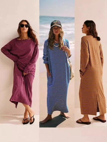 Damen Casual Gestreiftes Langarm Maxikleid Lockere Passform Pullover Urlaub Strand Langes Kleid Mit Taschen Rückenschlitz