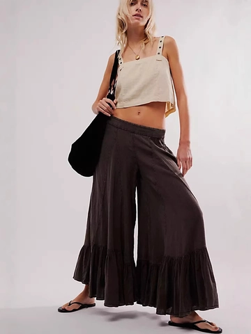 Women Ruffled Hem Wide Leg Pants Bohemian Smocked Waist High Waist Culottes Summer Beach Vacation Casual Loose Long Palazzo Trousers