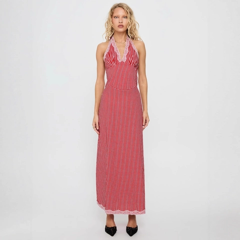 Dames Gingham Halter Maxi Jurk Roze Kant Rugloos A-Lijn Rood Wit Geblokt Zomer Vakantie Feestjurk
