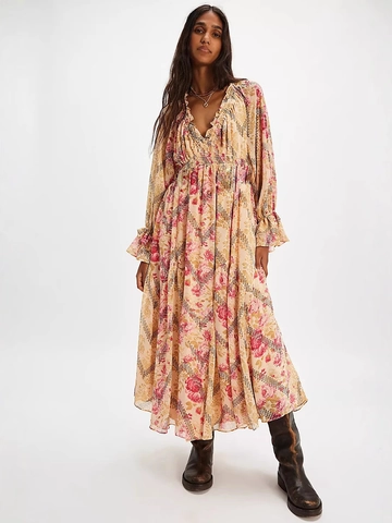 Vestido Largo Boho Escote V Floral Mujer Manga Larga Gasa Volantes Vestido Escalonado para Vacaciones Primavera Otoño Casual