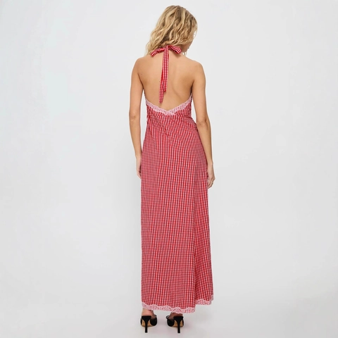 Dames Gingham Halter Maxi Jurk Roze Kant Rugloos A-Lijn Rood Wit Geblokt Zomer Vakantie Feestjurk