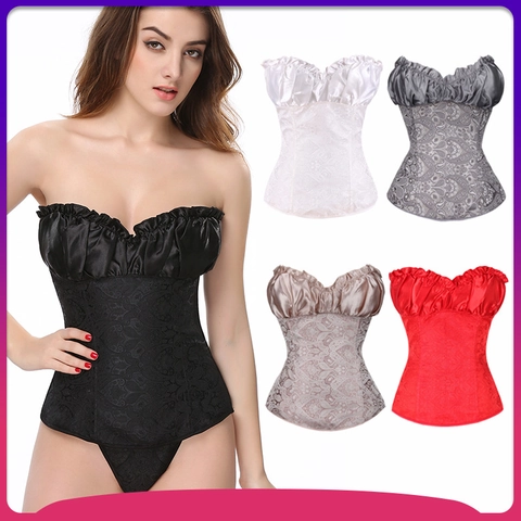 Corset Bustier Femme Style Palais Vintage Jacquard Satin Sans Bretelles Waist Trainer Lingerie Sexy Top Et String