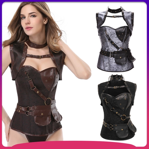 Women Steampunk Corset Vintage Gothic Waist Cinching Vest With Shawl And Belt Pouch Rivet Buckle Shapewear Top Body Shaper
