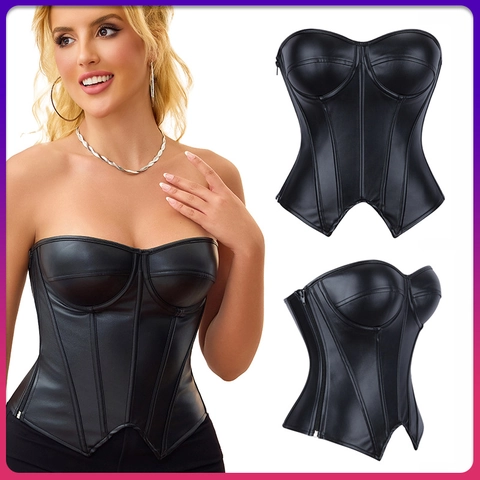 Women Sexy Artificial Leather Corset Top Vintage Fishbone Structure Slim Fit Bustier With Side Zipper Nightclub Party Top