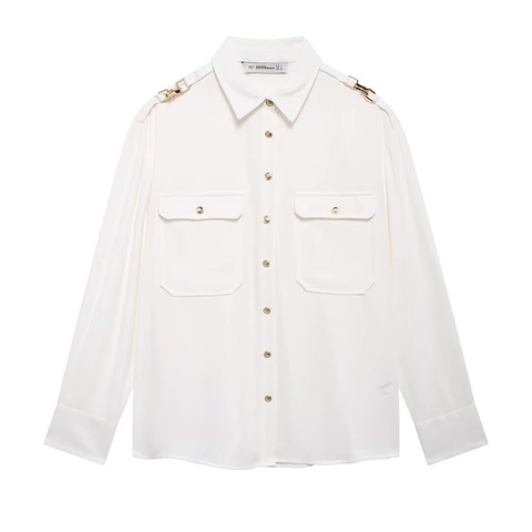 Camicia in Crespone Bianco da Donna Bottoni Oro Risvolto Monopetto Spalline Tasche a Patta Blusa Casual Elegante Top a Maniche Lunghe