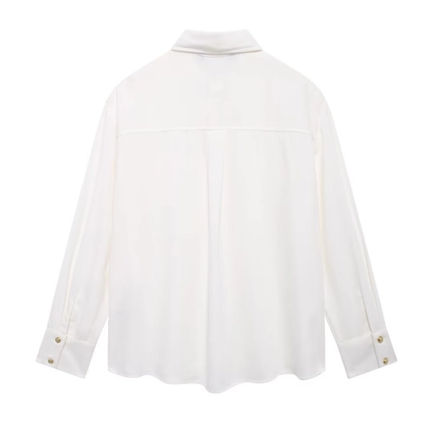 Camicia in Crespone Bianco da Donna Bottoni Oro Risvolto Monopetto Spalline Tasche a Patta Blusa Casual Elegante Top a Maniche Lunghe