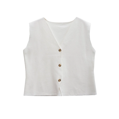 Damen Casual Weiße Strickweste V-Ausschnitt Ärmellos Einreihig Knopf Weste Tank Top Für Den Alltag