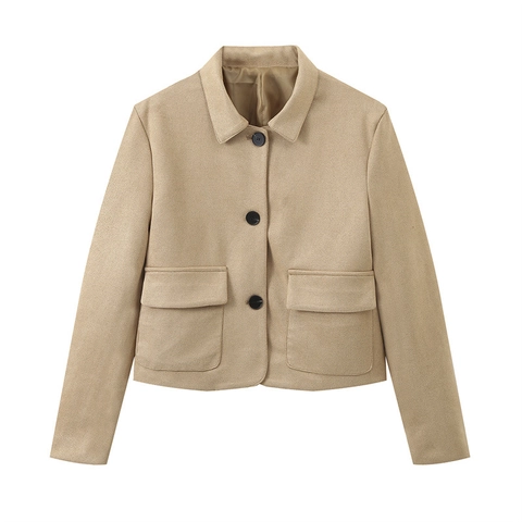 Women's Casual Faux Suede Short Jacket Lapel Collar Large Buttons Front Flap Pockets Solid Color Work Style Autumn Spring Coat