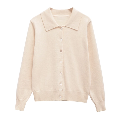 Cárdigan de Polo de Punto de Algodón Mercerizado para Mujer Corte Ajustado Manga Larga Cuello de Solapa Color Sólido Abotonado Punto Casual