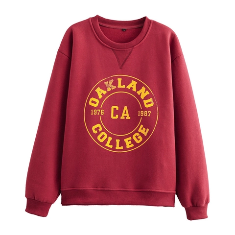 Completo Donna American Retro Oakland College Print Felpa E Joggers Foderato In Pile Bordeaux Casual Sportivo Due Pezzi