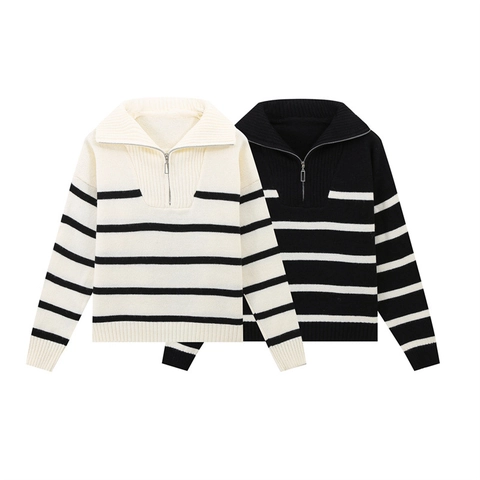 Pull en Tricot Rayé Décontracté pour Femmes Manches Longues Demi-Zip Col Polo Pullover en Polyester Streetwear Jumper Top