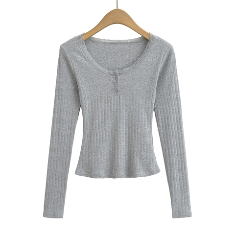 Dames Amerikaanse Stijl Slim Ribgebreid T-Shirt Kantafwerking U-Hals Lange Mouw Pullover Top Met Decoratieve Knoppen