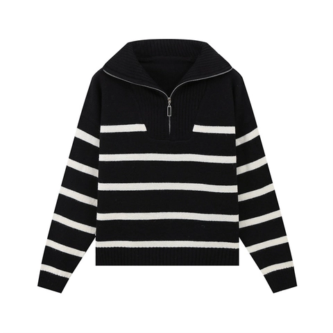Pull en Tricot Rayé Décontracté pour Femmes Manches Longues Demi-Zip Col Polo Pullover en Polyester Streetwear Jumper Top