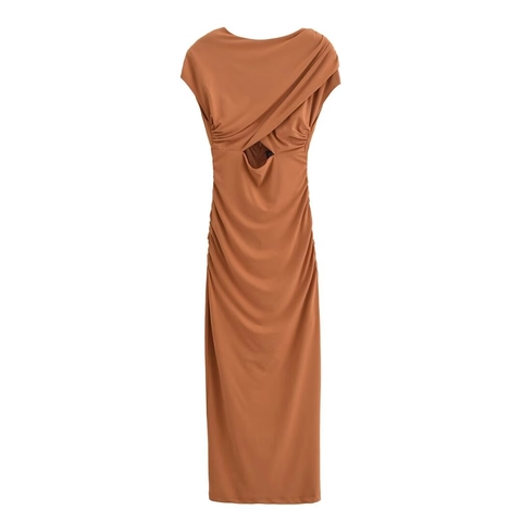 Women Sexy Ruched Cutout Backless Crisscross Slim Fit Maxi Dress Caramel Autumn Elegant Solid Color Polyester Long Dress