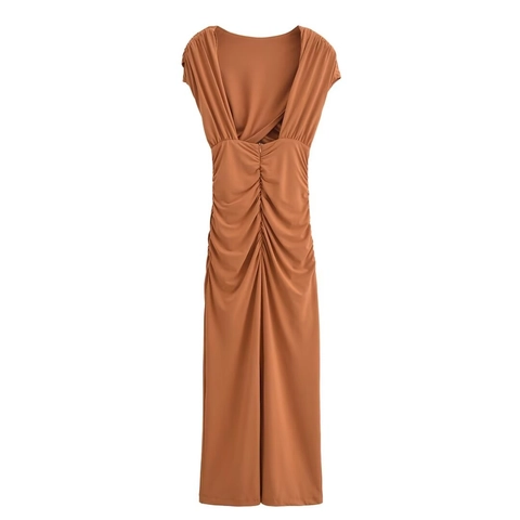 Women Sexy Ruched Cutout Backless Crisscross Slim Fit Maxi Dress Caramel Autumn Elegant Solid Color Polyester Long Dress