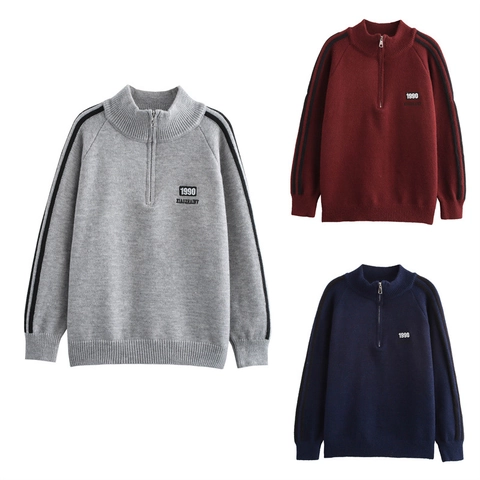 Pull en Maille Décontracté pour Femmes Demi-zip Col Montant Pullover Rétro à Rayures Broderie Manches Longues Top Ample