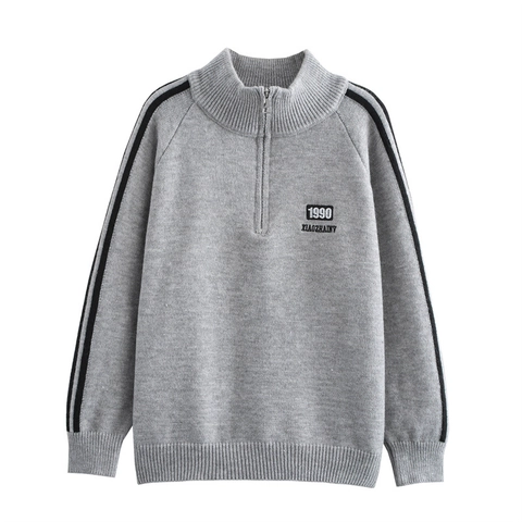 Pull en Maille Décontracté pour Femmes Demi-zip Col Montant Pullover Rétro à Rayures Broderie Manches Longues Top Ample