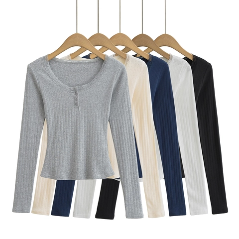 Dames Amerikaanse Stijl Slim Ribgebreid T-Shirt Kantafwerking U-Hals Lange Mouw Pullover Top Met Decoratieve Knoppen