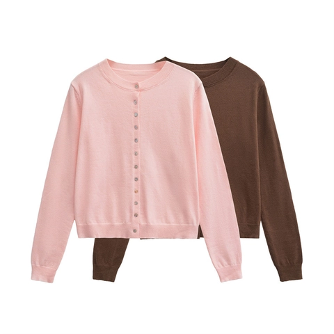 Gilet en Maille Col Rond Décontracté pour Femmes Pull Doux à Manches Longues Boutonné Finition Bord-côte Rétro