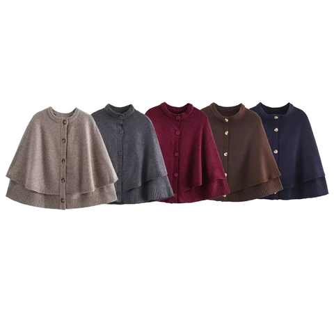 Poncho Capa de Punto Casual para Mujer Cuello Redondo Botón Simple Cárdigan Suelto Mezcla de Poliéster Suave Color Sólido Suéter de Otoño