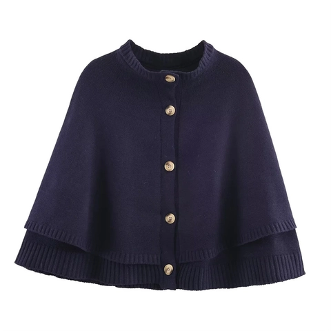 Poncho Capa de Punto Casual para Mujer Cuello Redondo Botón Simple Cárdigan Suelto Mezcla de Poliéster Suave Color Sólido Suéter de Otoño