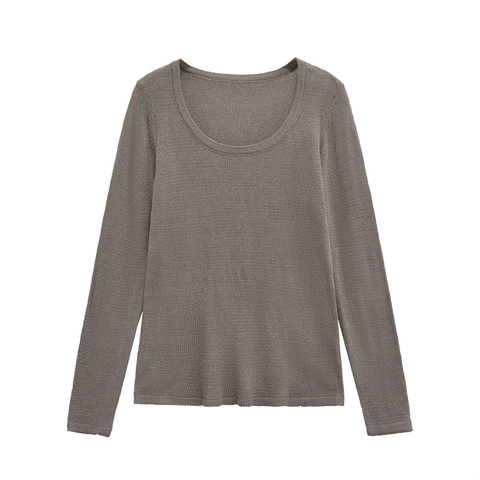 Damen Casual Rundhals Langarm Strickpullover Feinstrick Schmale Passform Einfarbig Kaffeegrau Top