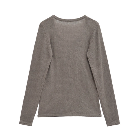 Damen Casual Rundhals Langarm Strickpullover Feinstrick Schmale Passform Einfarbig Kaffeegrau Top