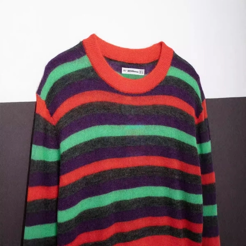 Maglione a Righe da Donna Girocollo Vestibilità Larga Multicolore Color Block Manica Lunga Pullover a Costine Autunno