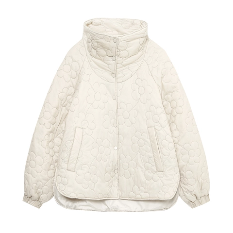 Damen Stehkragen Langarm Steppjacke Blumenmuster Einreihig Warm Wattierter Mantel Off White Oberbekleidung