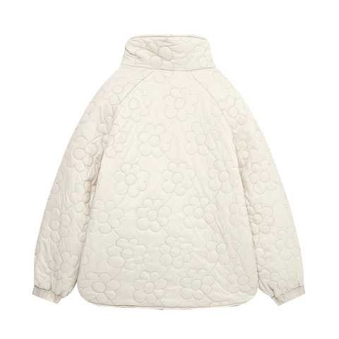 Damen Stehkragen Langarm Steppjacke Blumenmuster Einreihig Warm Wattierter Mantel Off White Oberbekleidung