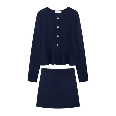 Women Knitted Peplum Cardigan Rhinestone Buttons Dark Blue Skirt Elegant Office Lady Casual Daily Knitwear Outfit Top Bottom