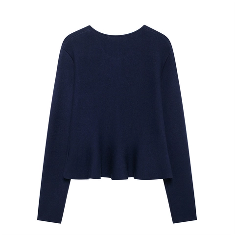 Women Knitted Peplum Cardigan Rhinestone Buttons Dark Blue Skirt Elegant Office Lady Casual Daily Knitwear Outfit Top Bottom