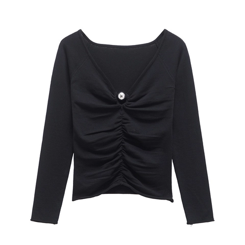 Women's Slim Fit V-Neck Long Sleeve Knit Top With Front Shirring And Silver Bead Decoration Casual Solid Color Black Fashion Pullover