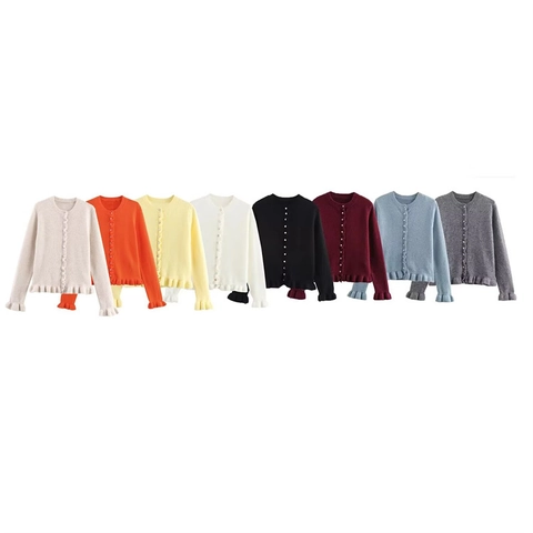 Damen Casual Rundhals Strickjacke Rüschenbesatz Einreihig Langarm Slim Fit Einfarbig Strickoberteil