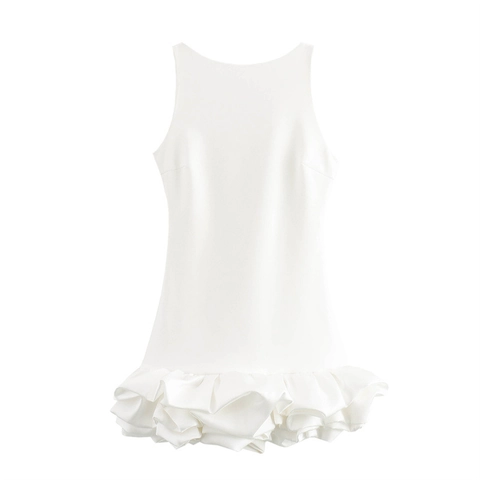 Abito Mini Donna Elegante Senza Maniche Scollo a V Vita Alta Bordo a Volant Tinta Unita Blocco di Colore per Banchetti e Feste